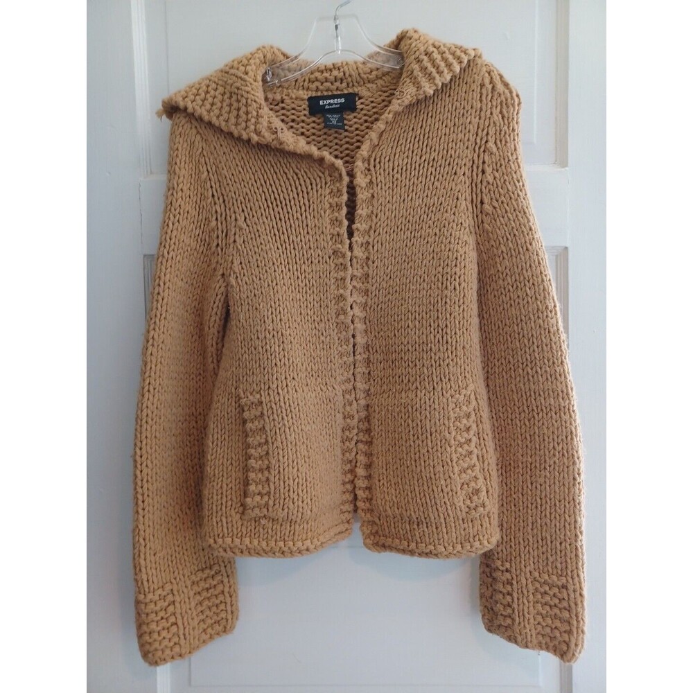 Vintage Express handknit chunky cardigan womens XS mustard woolblend retro boho